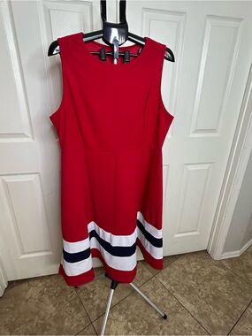 XXL Red Sleeveless A-Line Dress with White and Navy Stripes